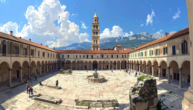 A large courtyard with a fountain and a tall tower in the background surrounded by a colonnaded building
