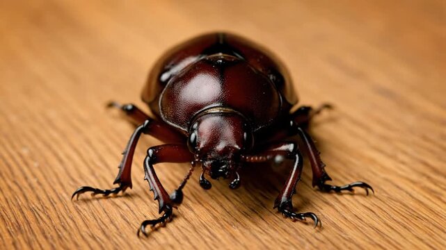 Brown beetle on wood surface.