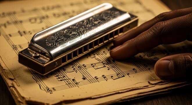 Close-up of a vintage harmonica resting on aged sheet music with a hand gently touching it.