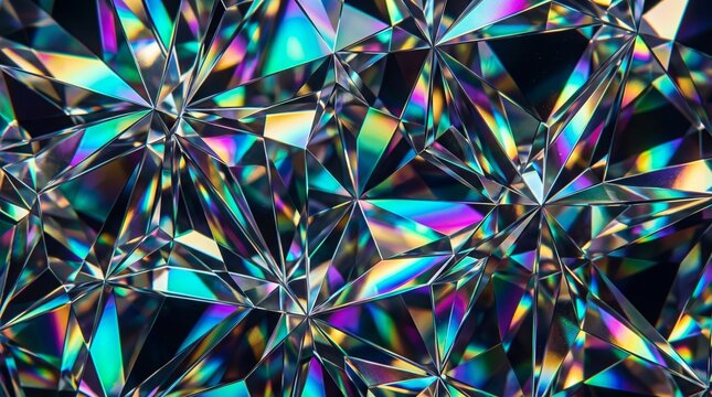 Holographic geometric pattern with shiny triangular facets reflecting rainbow colors