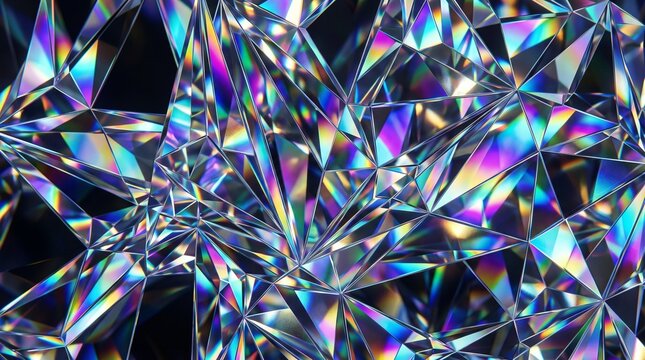 Iridescent crystal pattern with colorful reflections on geometric shapes