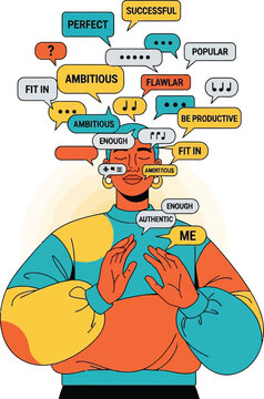 Illustration of a Person Overwhelmed by Societal Expectations and Internal Thoughts