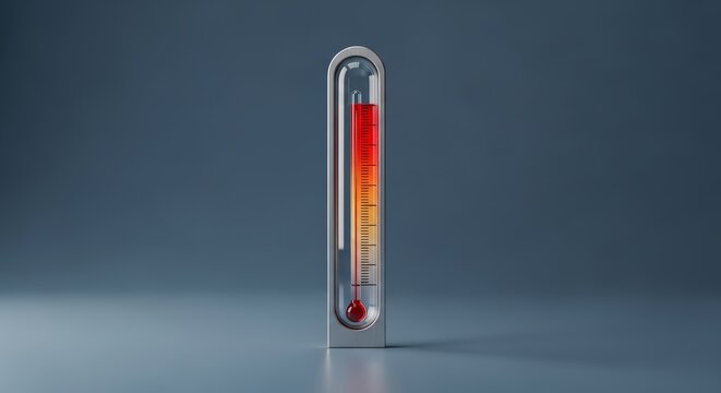 3D thermometer gauge render, vertical temperature indicator visualization, rising heat level concept, critical threshold meter UI, minimal measurement tube design, red zone warning