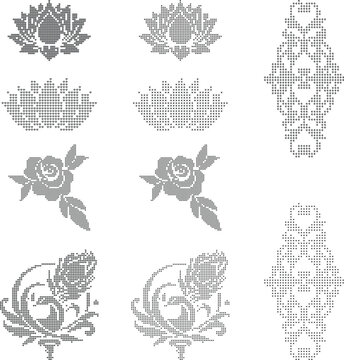 Floral dotted ornament set with rose, lotus and peacock elements in embroidery style. Rhinestone inspired decorative patterns for fashion, textile and creative projects.