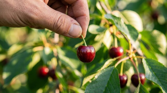 Hand picking ripe red cherry from tree branch in orchard during harvest season