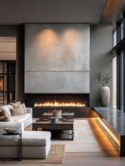 Obraz premium Modern Luxury Living Room with Sleek Fireplace, Plush Sofa, and Minimalist Decor