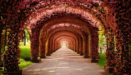 Fototapeta premium Pathway through a floral tunnel with pink blossoms, leading toward a bright, distant exit
