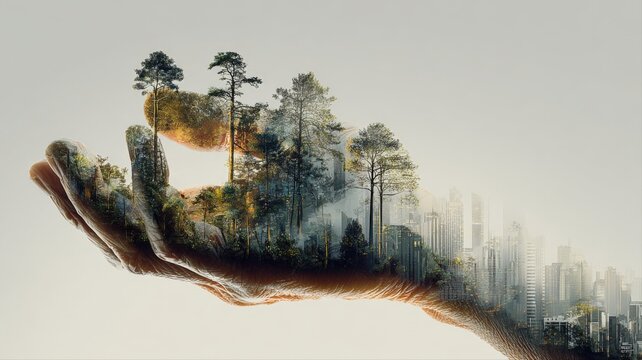 Surreal composite image of a human hand holding a miniature landscape of forest and city buildings