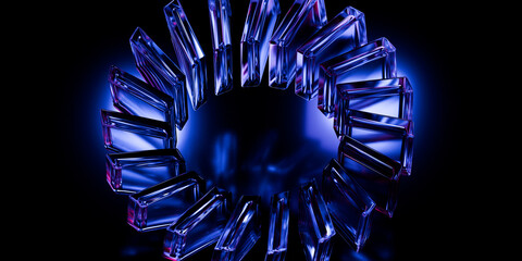 Cyber elements made of transparent glass and liquid acrylic purple blue glow on black backdrop cinematic tech background design cover art visuals 3d rendering © IM_VISUALS