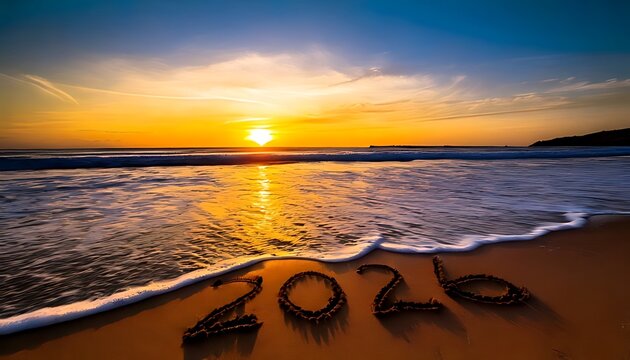 Scenic beach scene with "2026" written in wet sand. Sunset illuminates the waves, sky, and shoreline with warm tones