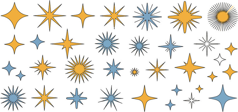 Retro starburst collection with 32 vintage sparkle icons, mid-century modern celestial shapes, yellow and blue star icons for graphic design