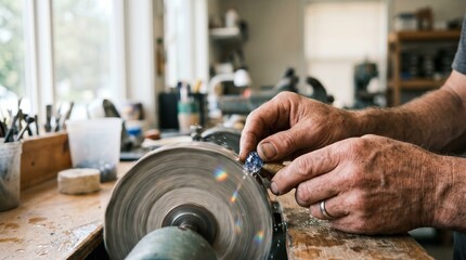 Fototapeta premium Skilled craftsman polishing a blue gemstone on a rotating wheel in a workshop