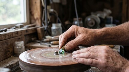 Obraz premium Skilled jeweler polishing green gemstone with rotating wheel in workshop