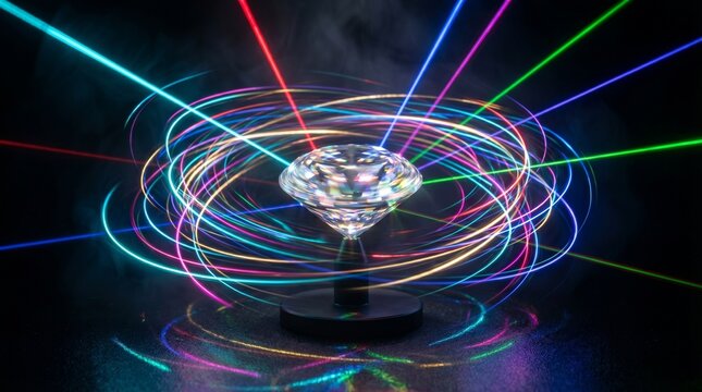 Colorful laser beams swirling around a clear crystal on a black stand