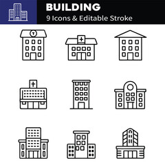 Fototapeta premium Building web icons in line style. Hotel, hospital, apartament, city, town house, mall, coffee shop, collection. Editable stroke. Vector illustration.