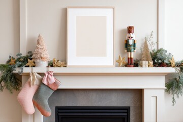 Obraz premium Festive Christmas Mantelpiece Mockup with Empty Frame, Stockings, and Nutcracker Decoration