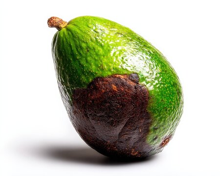 Single Unripe Avocado with Bruised Skin Isolated on White Background, Healthy Food Concept