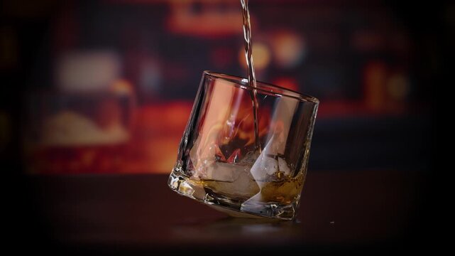 A slow motion video of whiskey being poured into a tilted glass with ice, dynamic motion creates splash, creating a refreshing beverage.