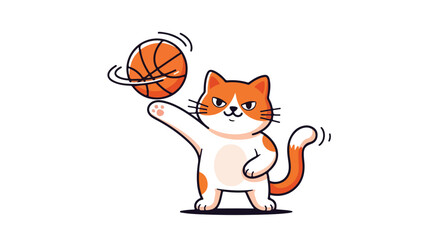 Fototapeta premium A cartoon orange and white cat playfully holds a basketball with one paw against a clean white background.