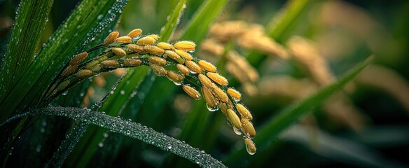 Fototapeta premium Close-up of a Ripe Rice Stalk Covered in Dew Drops in a Verdant Field