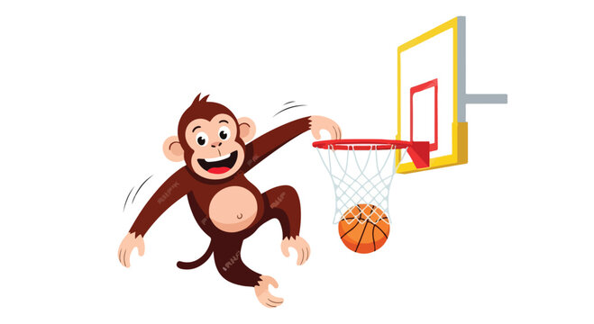 A cartoon monkey jumping to dunk a basketball into a hoop with a yellow backboard and red rim against a clean white background.