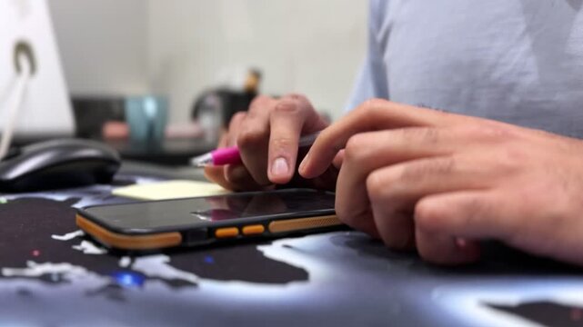 Close-up of hands tapping a smartphone while holding a pink pen at a modern office desk, with sticky notes, computer mouse, and blurred monitor in an indoor workspace.