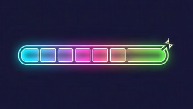 Vibrant neon glow progress bar user interface element for digital applications and futuristic