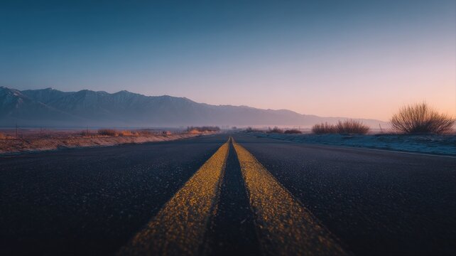 Scenic open highway with double yellow lines leading towards distant mountains at sunrise or sunset
