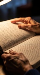 Naklejka premium Hands reading an old book.
