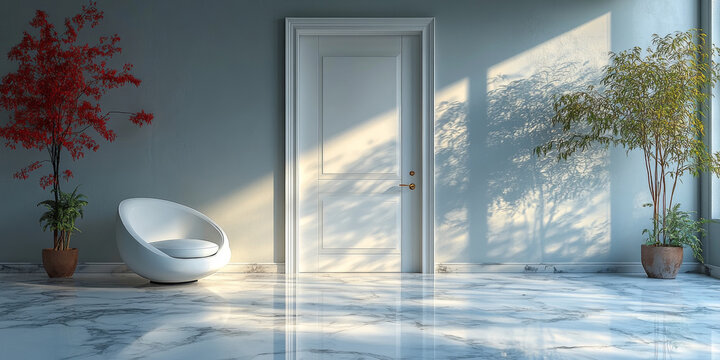 White Door on a White Wall in Modern Interior with houseplants