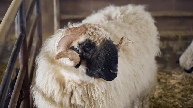 Majestic Valais Blacknose ram with large spiral horns and long shaggy cream fleece stands calm and pensive in a warm hay-covered barn at Anseong Farmland, South Korea