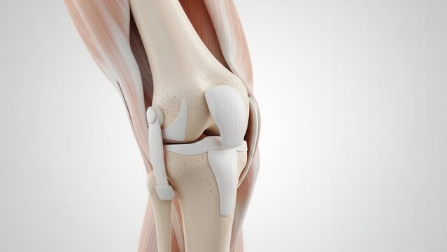 Detailed anatomical representation of the human knee joint showcasing bones, ligaments, and