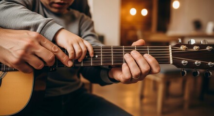 Obraz premium Man playing acoustic guitar indoors leisurely.
