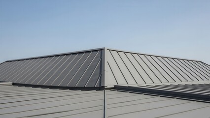 Fototapeta premium Modern architectural grey metal roof structure with standing seams under a clear sky showcasing