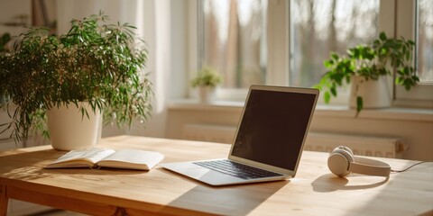 Fototapeta premium Cozy home office setup with laptop, open book, headphones, and green plants bathed in warm sunlight