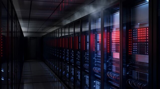 A Journey Through a High-Tech Data Center: The Evolution of Server Racks and Their Dynamic Lighting from Green to Red in an Innovative Digital Environment