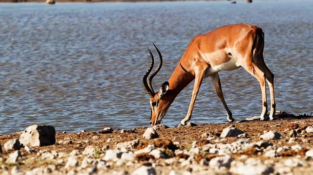 A majestic springbok grazes near the tranquil water's edge of Kgalagadi Transfrontier Park lake. Sunlight highlights its graceful form amidst rugged terrain, capturing serene wildlife.