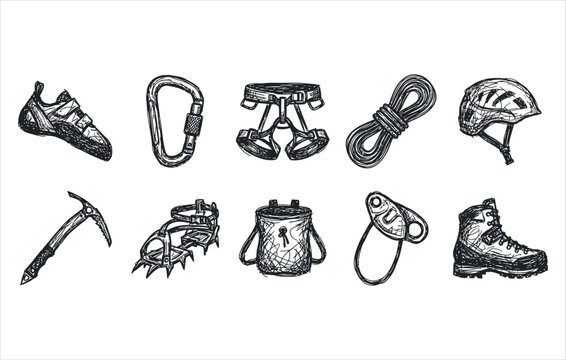 Rugged mountain expedition tools and outdoor climbing essentials doodle kit