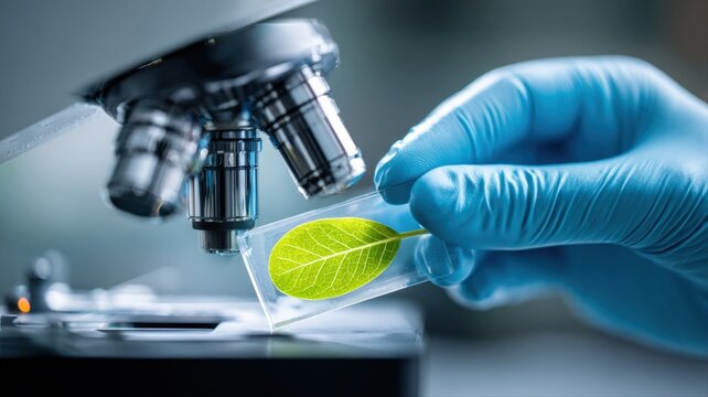 Scientist in blue gloves examines a green leaf under a microscope for research and development