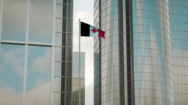 Udmurtia Flag 3D Render Animation on Pole with City Buildings