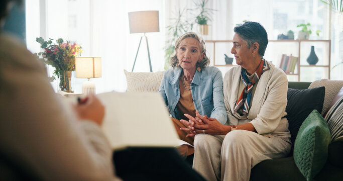 Marriage consultation, therapy and lesbian couple in office with therapist for growth, trust or communication. Psychology, support and mature LGBTQ people with counselor for advice or guidance