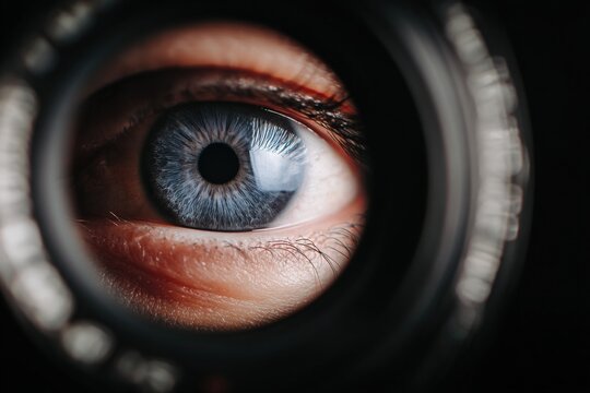 Extreme Close Up of a Blue Human Eye Seen Through a Camera Lens Aperture, Intricate Detail