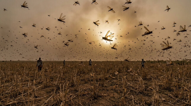 Vast swarm of locusts flying over arid desert landscape at sunset, casting dramatic shadows on dry land, with golden light filtering through the insects