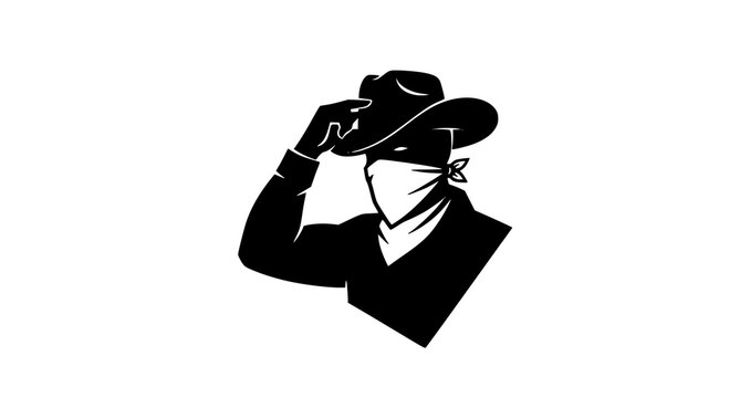 Black silhouette of a man in a cowboy hat and bandana, tipping his hat