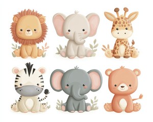 Obraz premium Adorable Watercolor Baby Animals Collection: Lion, Elephant, Giraffe, Zebra, and Bear Illustrations