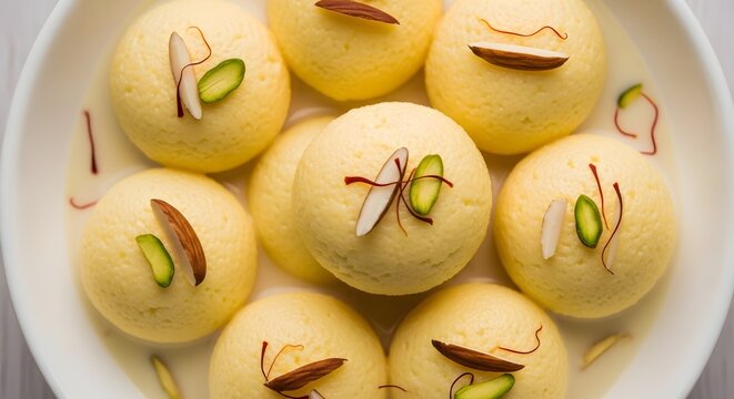Authentic Indian sweet Ras malai served in a white bowl with nuts and cream.