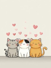 Fototapeta premium Adorable Kawaii Style Trio of Cats with Pink Hearts Floating Above, Perfect for Cute Animal and Friendship Themes