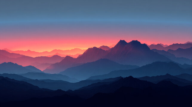 Landscape background, mountain range as far as the eye can see, vector illustration of the atmosphere near dusk, cool color gradient on a blue background, for advertising design.