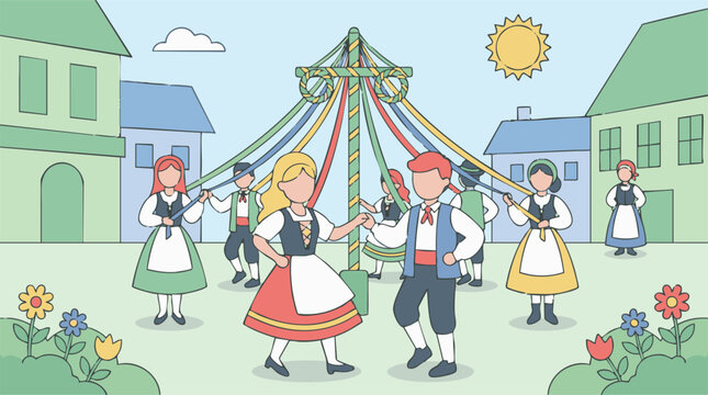 People in traditional costumes dancing around a colorful maypole in a village