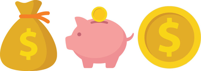 Money bag piggy bank gold coin with currency vector illustration